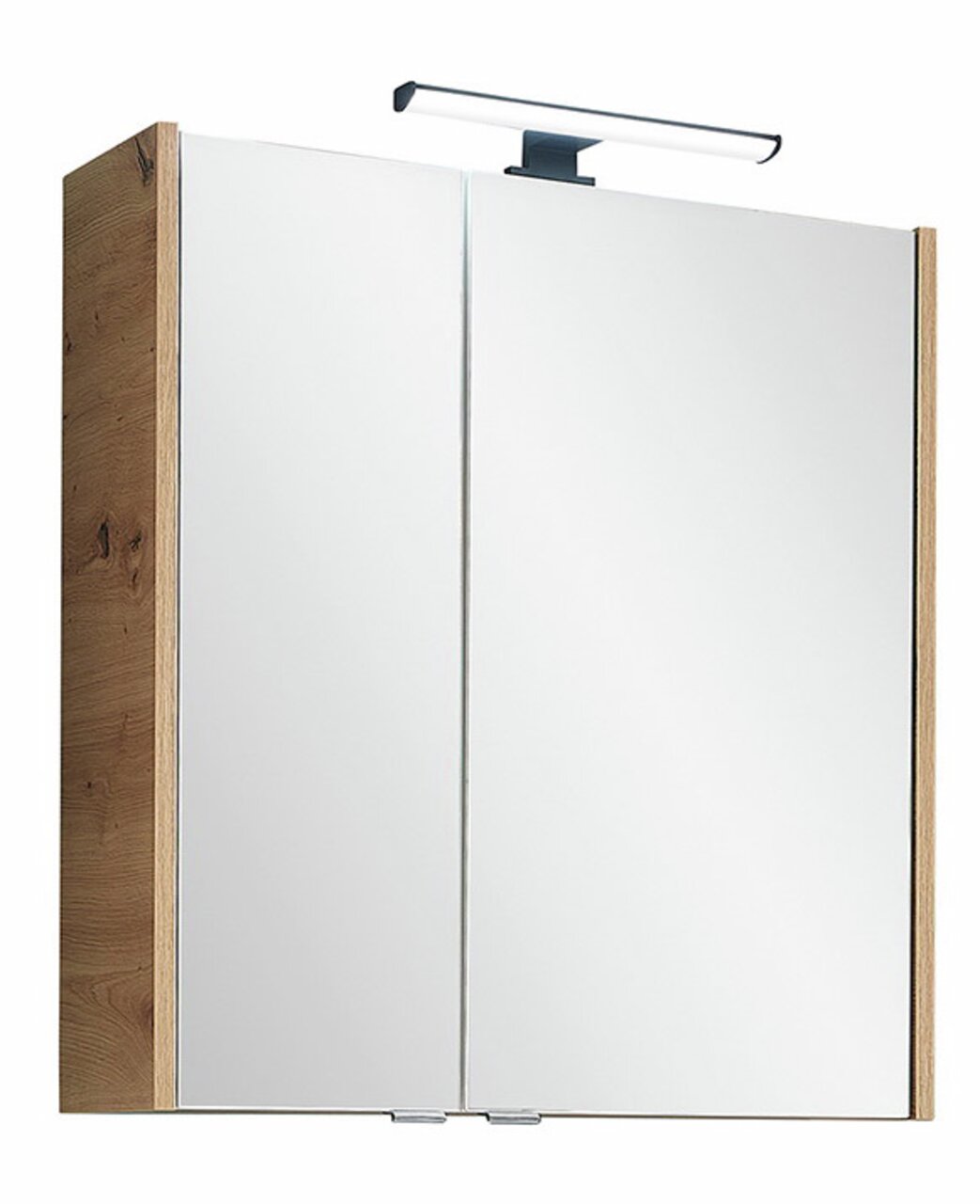 Moderner Spiegelschrank mit Holzrahmen und integrierter Beleuchtung, Frontalansicht