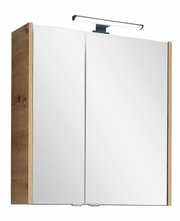 Moderner Spiegelschrank mit Holzrahmen und integrierter Beleuchtung, Frontalansicht
