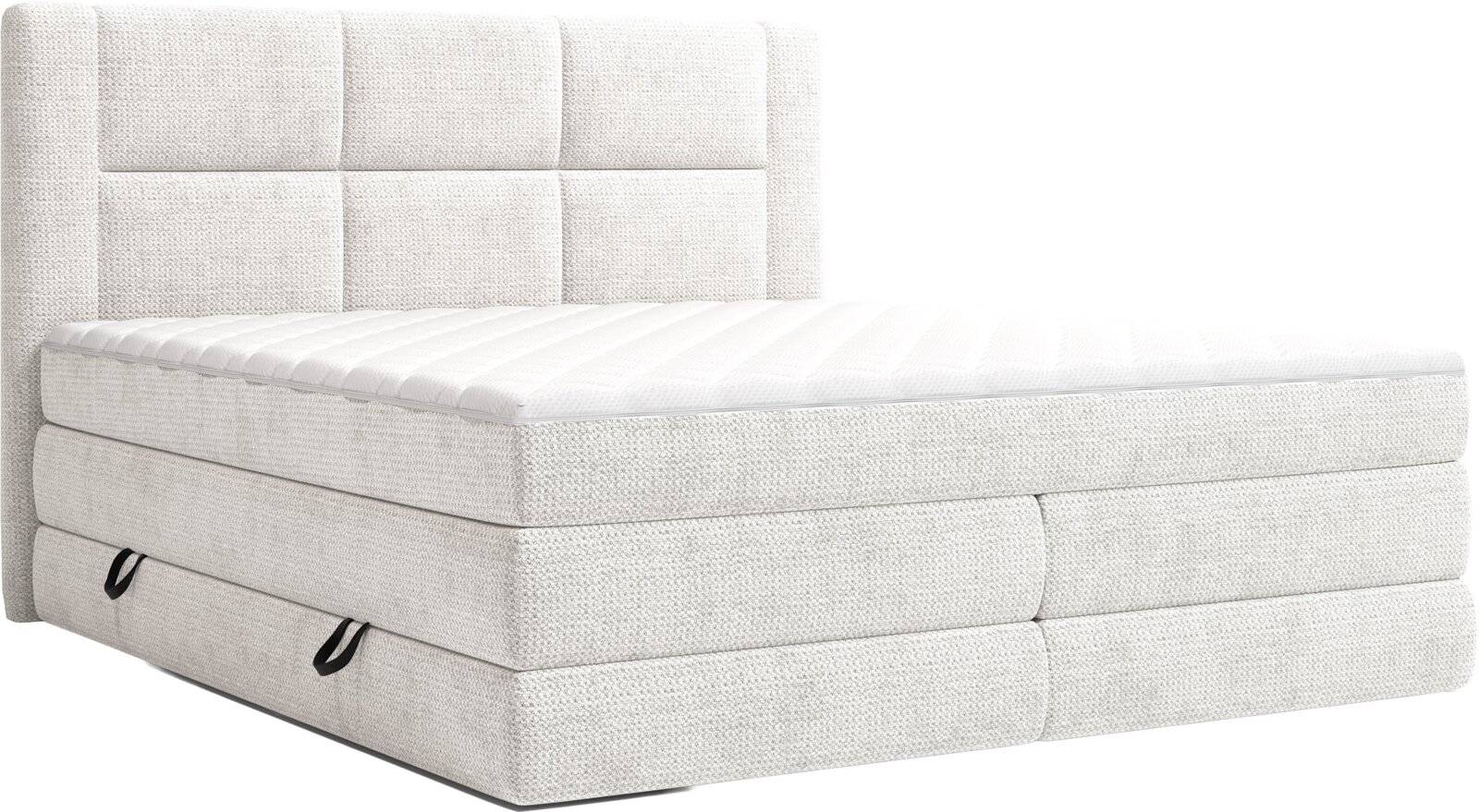 Lichtgrijs gestoffeerd boxspringbed met gewatteerd hoofdbord en wit matras, schuin van voren gefotografeerd op witte achtergrond