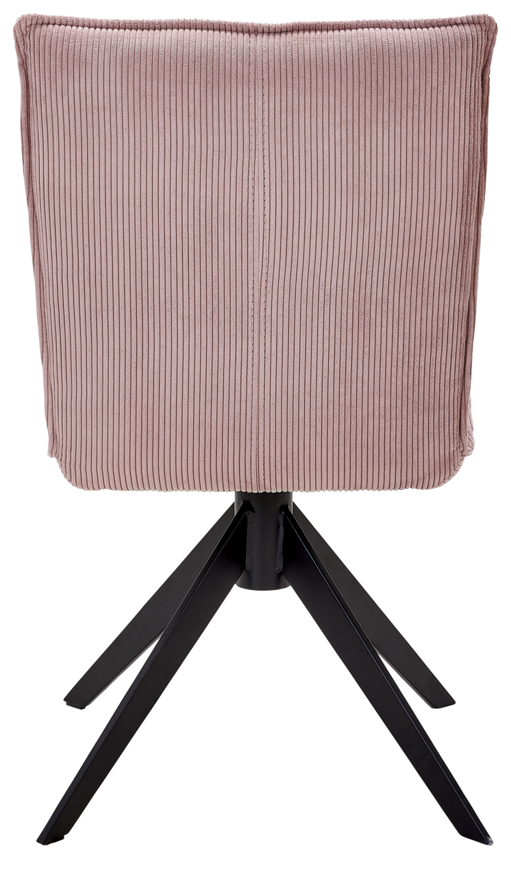 Johann Jakob Stuhl CALAS Rückansicht eines Stuhls mit rosa, geripptem Stoffbezug und schwarzen Metallbeinen.