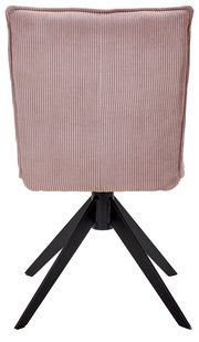 Rückansicht eines Stuhls mit rosa, geripptem Stoffbezug und schwarzen Metallbeinen.