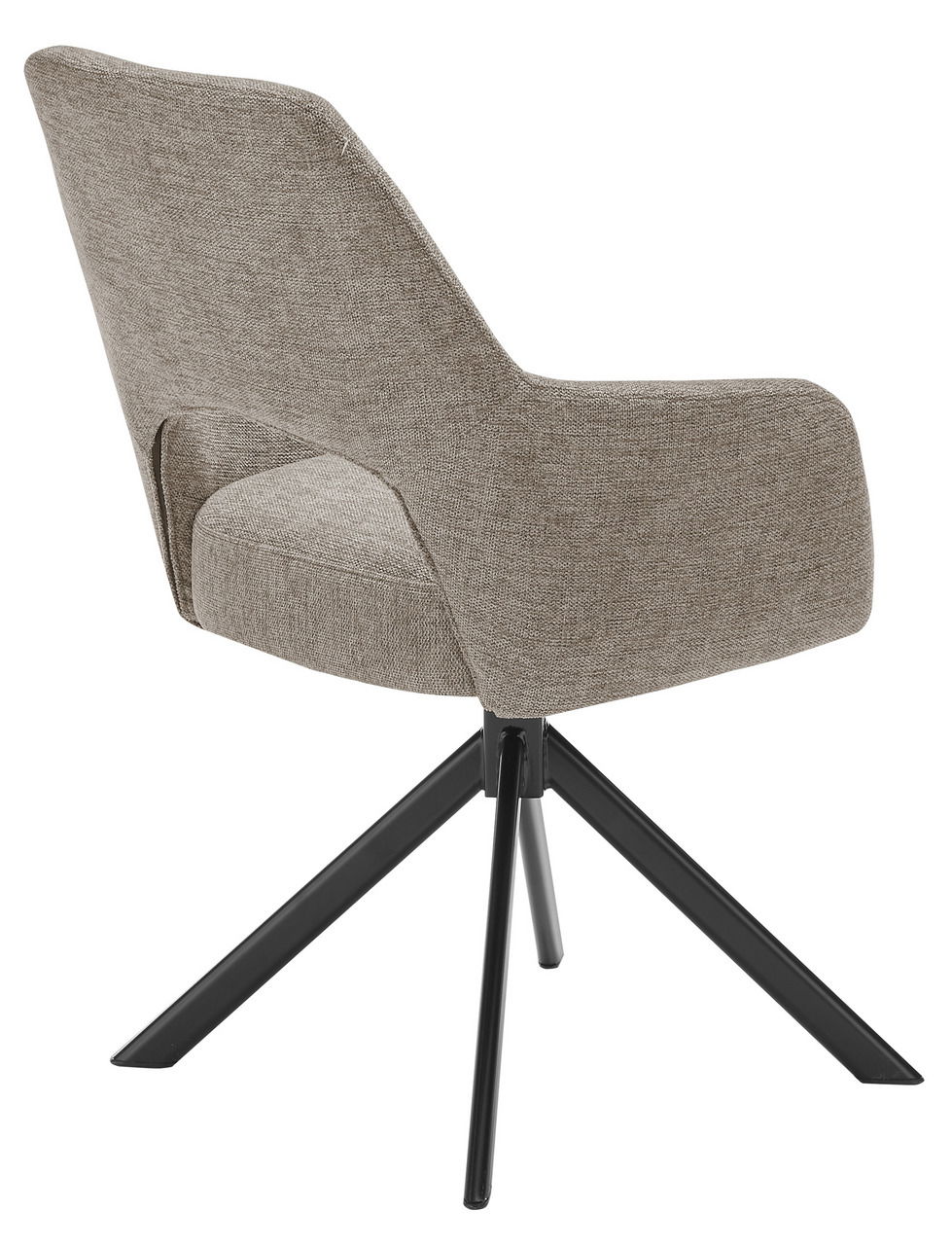 Rückansicht eines modernen Armlehnstuhls mit beigem Stoffbezug und schwarzen Metallbeinen.