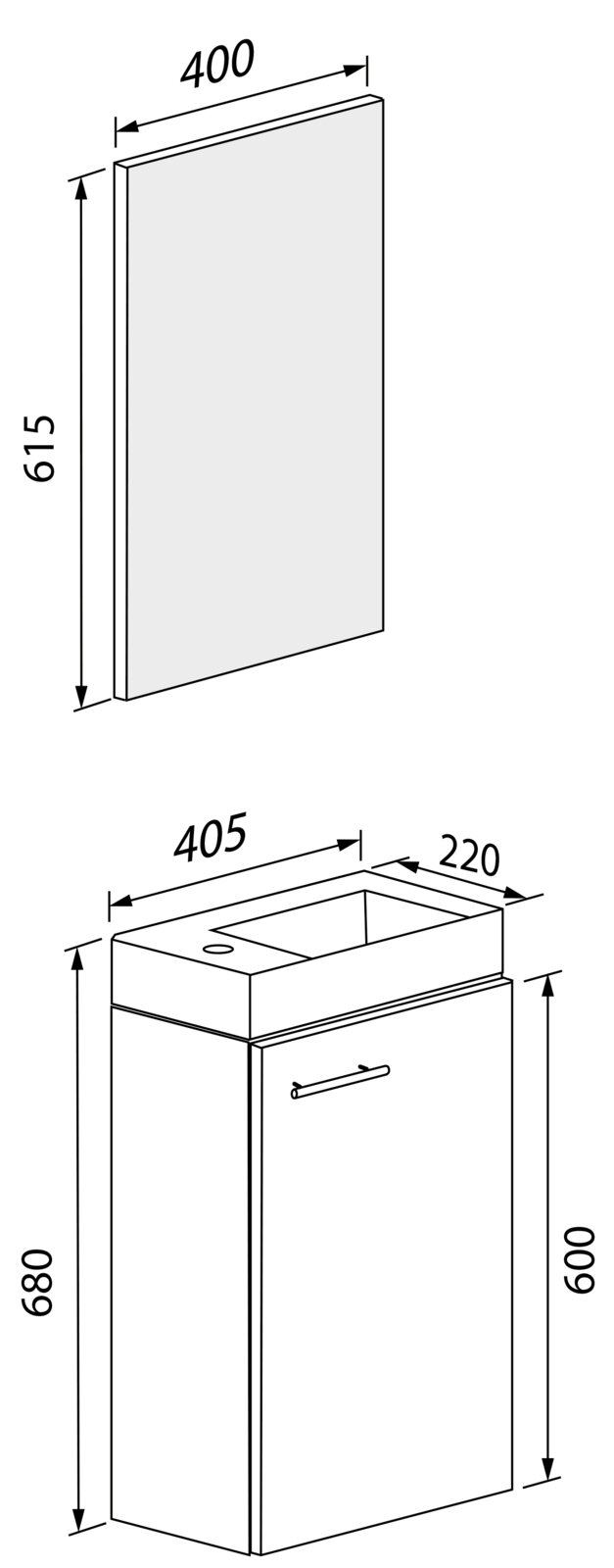 Technische Zeichnung eines Badezimmer-Waschtischunterschranks mit Tür und Griff sowie passendem Spiegel/Spiegelschrank, Maße ca. 405×220×680 mm (Unterschrank) und 400×615 mm (Spiegel), dargestellt in schräger Frontansicht (3D-Perspektive) mit Bemaßung.