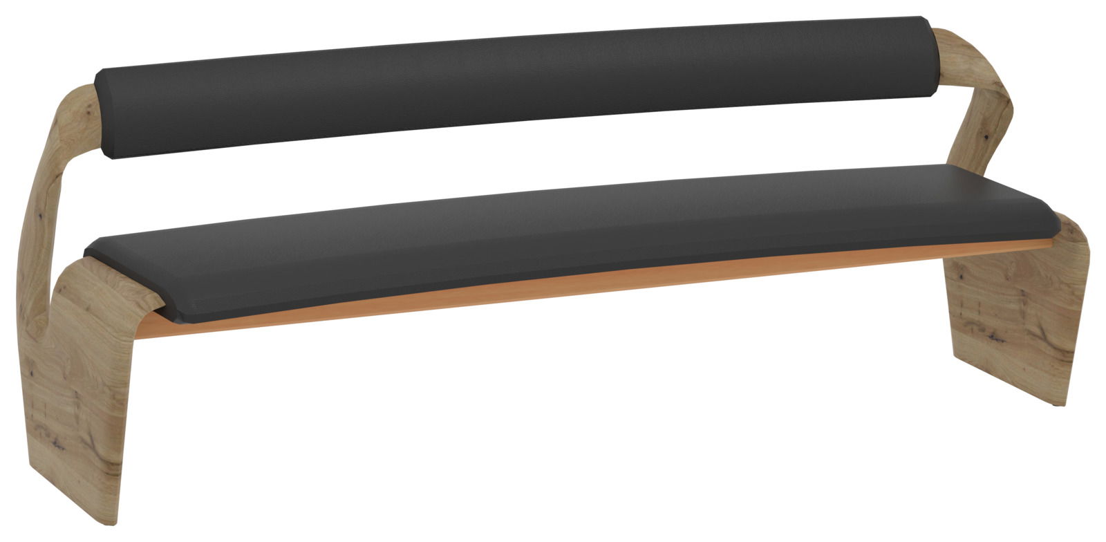 Moderne Bank mit geschwungenem Holzrahmen und schwarzer Polsterung, seitliche Perspektive
