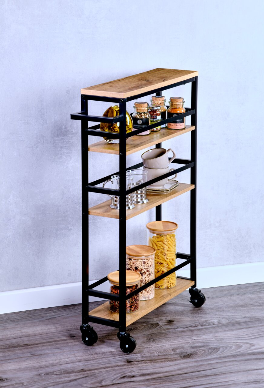 Kesper Nischenwagen Schwarzer Nischenwagen mit Holzregalen, gefüllt mit Gläsern und Tassen, seitliche Perspektive