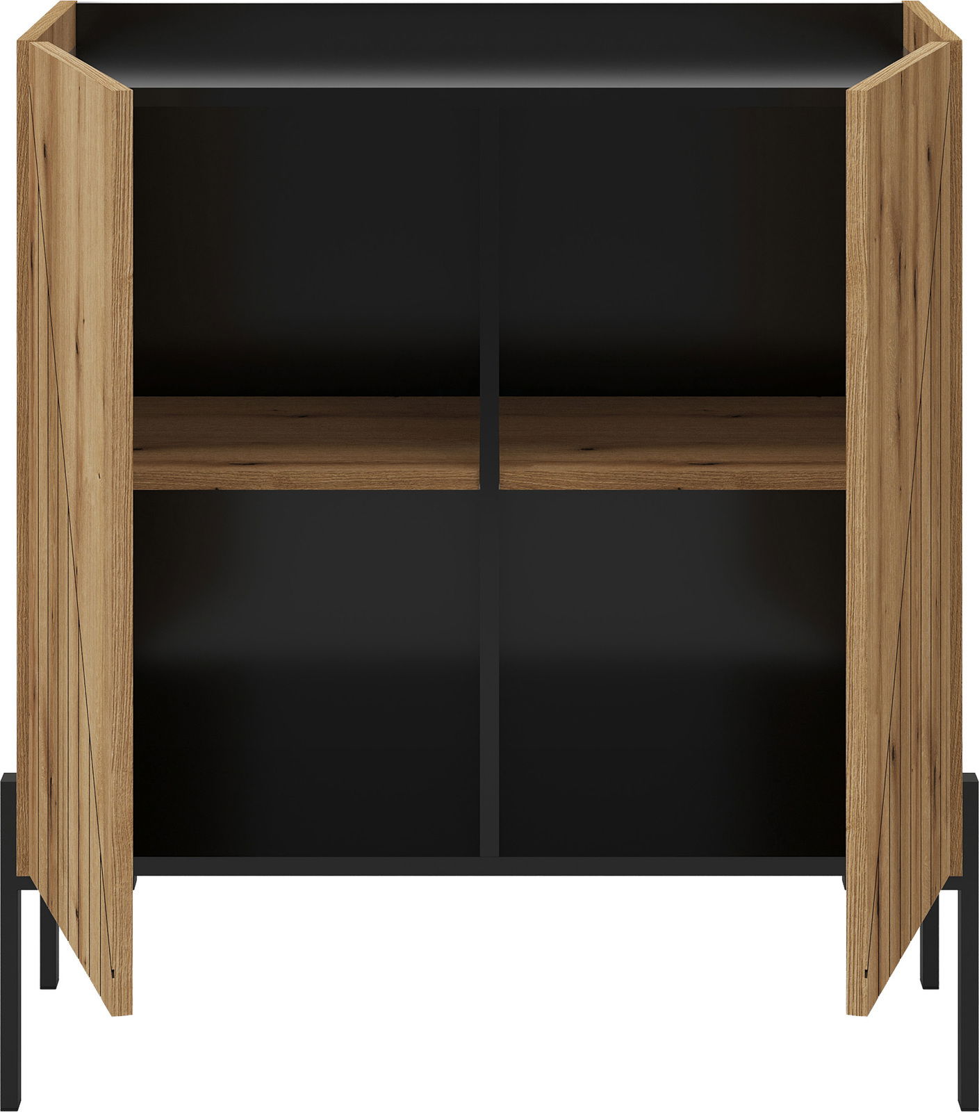 Kommode mit offenem Stauraum, Holzoptik und schwarzem Innenraum, frontale Ansicht