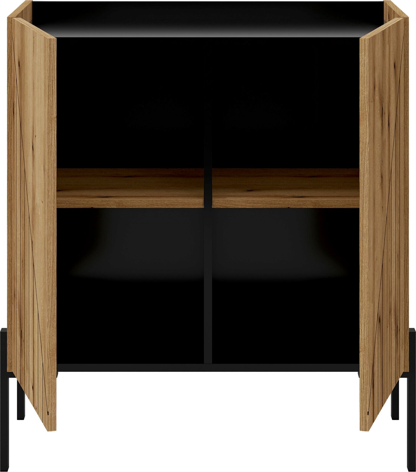 Kommode mit offenem Stauraum, Holzoptik und schwarzem Innenraum, frontale Ansicht