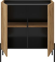 Kommode mit offenem Stauraum, Holzoptik und schwarzem Innenraum, frontale Ansicht