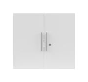 Frontansicht eines weißen Doppeltür-Sets mit silbernen Griffen und einem Schloss auf der rechten Tür.