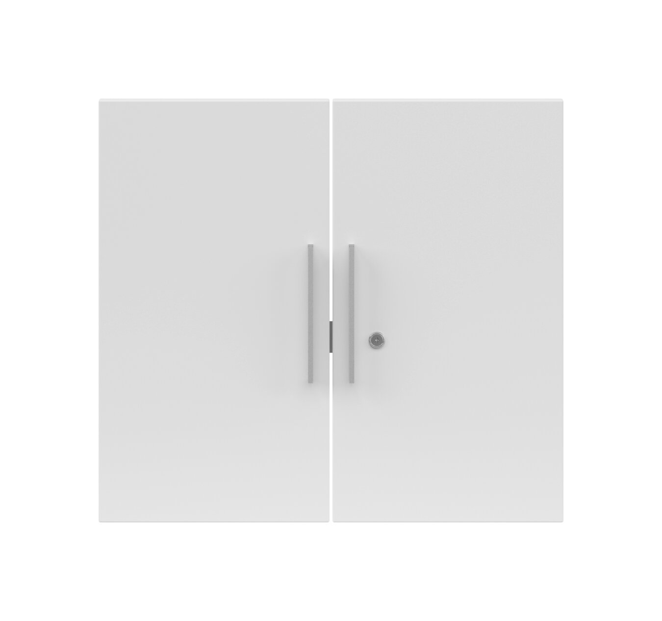 Frontansicht eines weißen Doppeltür-Sets mit silbernen Griffen und einem Schloss auf der rechten Tür.
