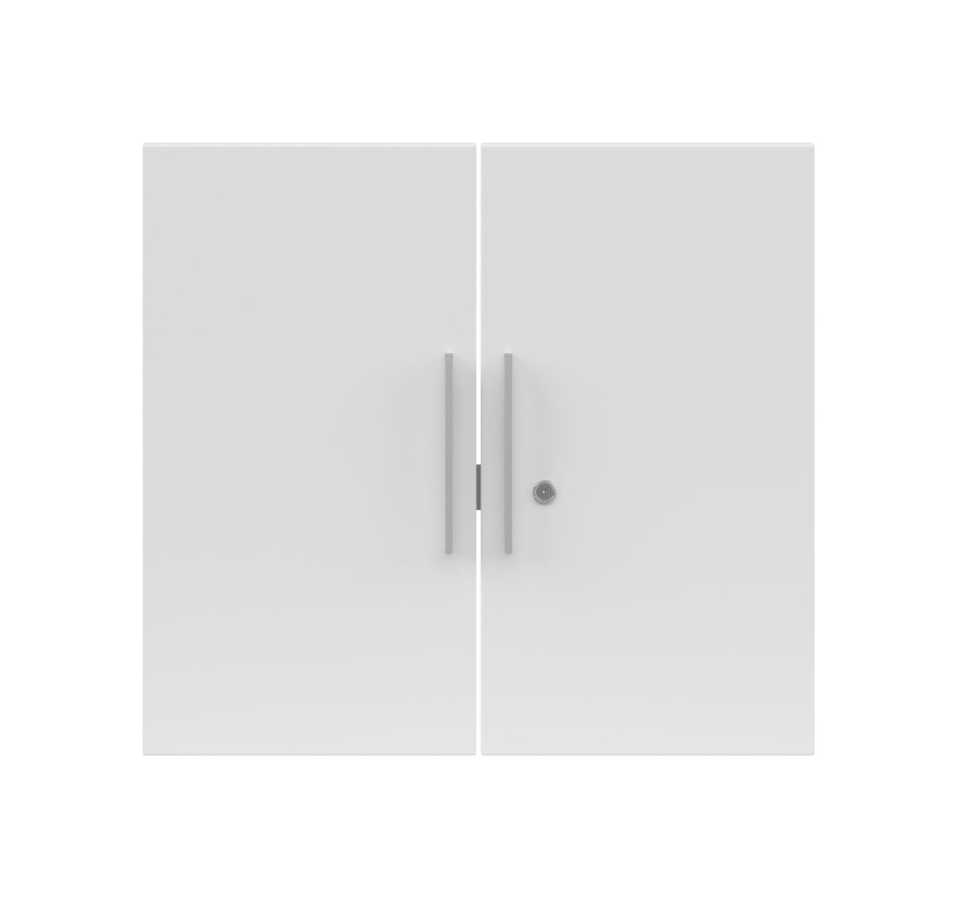 Frontansicht eines weißen Doppeltür-Sets mit silbernen Griffen und einem Schloss auf der rechten Tür.