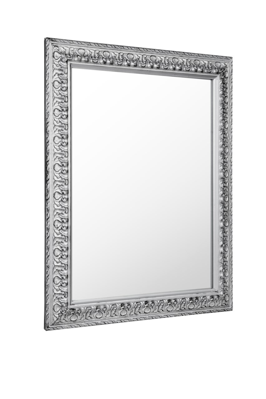Silberner Spiegel der Serie EMMA mit verziertem Rahmen, seitliche Perspektive