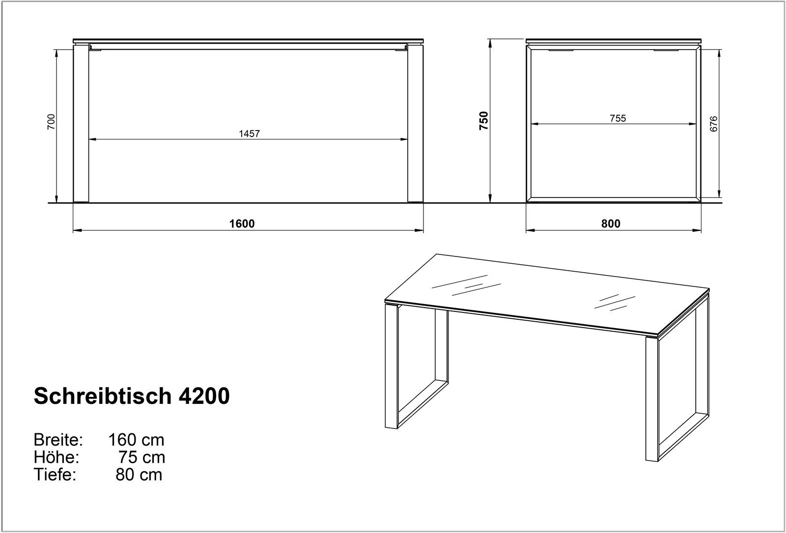 Schreibtisch 4200 mit den Maßen 160 cm Breite, 75 cm Höhe und 80 cm Tiefe, perspektivische Ansicht von vorne rechts.