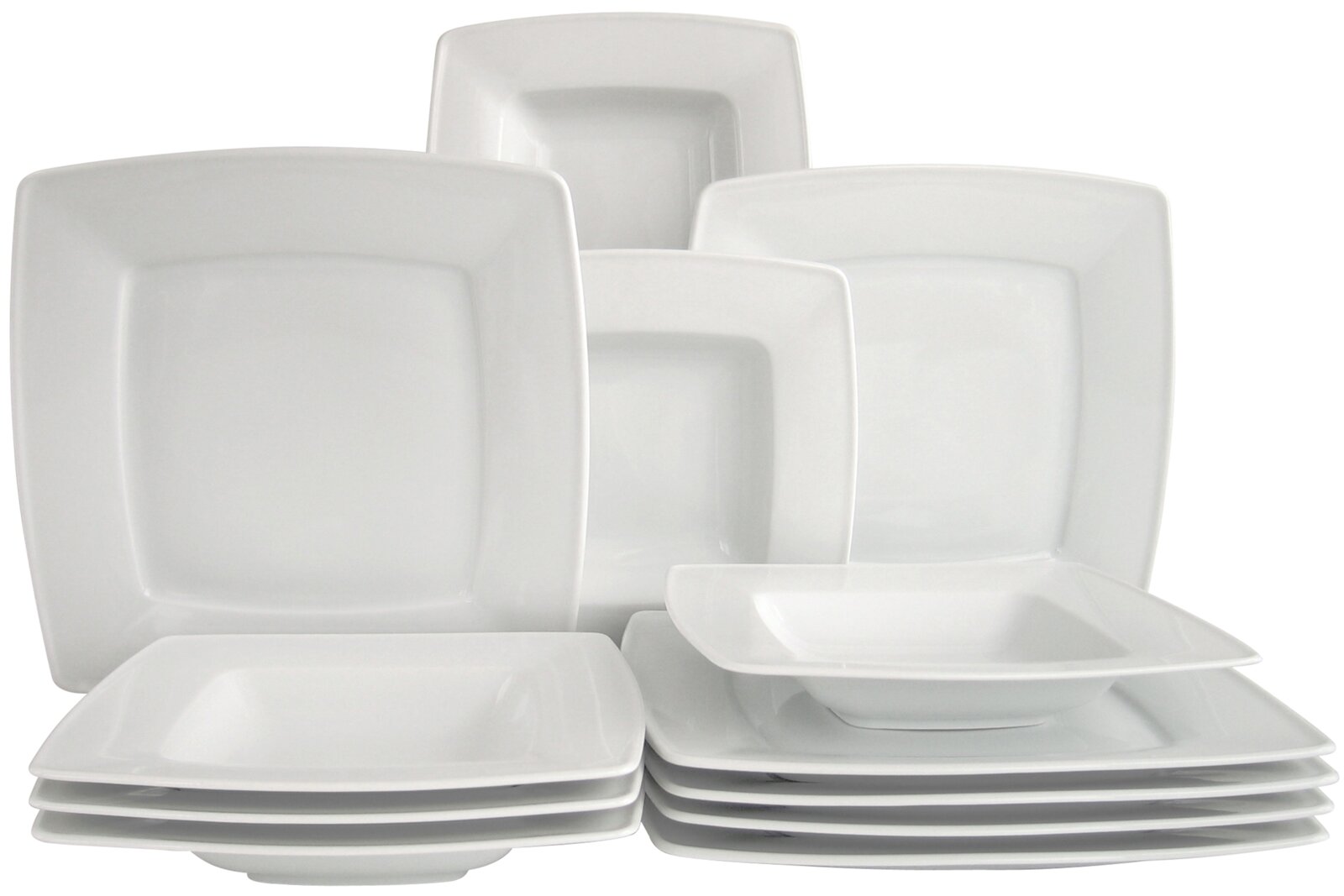 Creatable Tafelservice 12-tlg VICTORIA Weißes, quadratisches Porzellan-Tafelservice mit mehreren Tellern und Schalen, frontal in leichter Schrägansicht auf weißem Hintergrund präsentiert