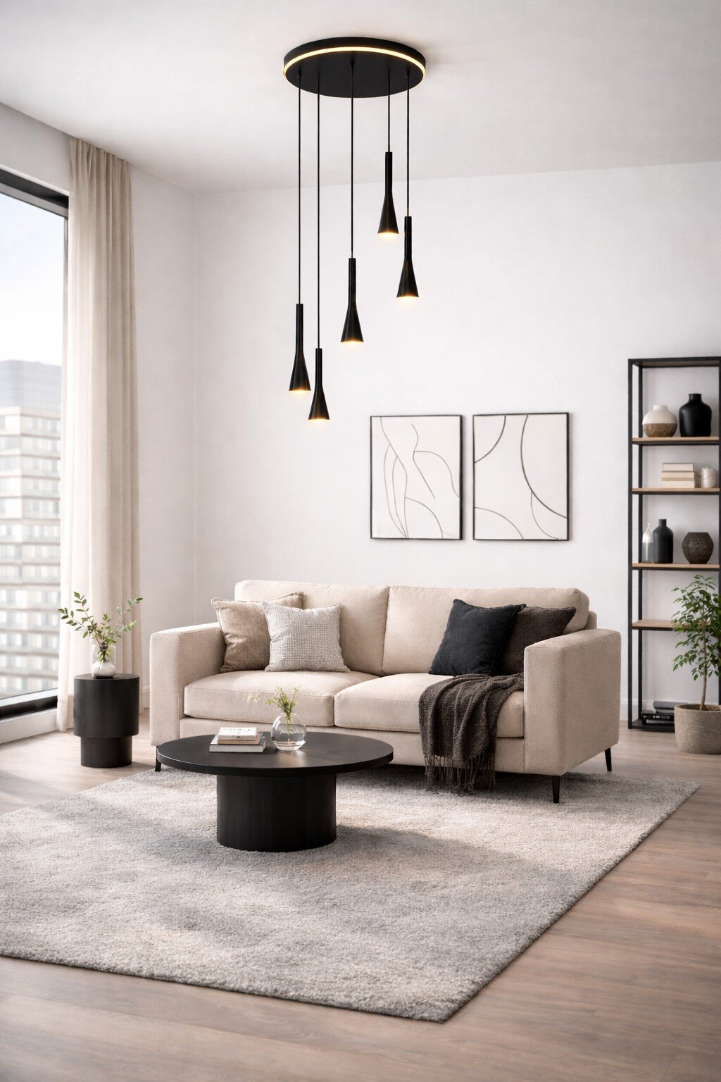 Moderne schwarze Pendelleuchte mit rundem Deckenbaldachin, leuchtendem LED-Ring und fünf schlanken, unterschiedlich hoch angeordneten Lichtkegeln, aus leichter Untersicht in einem stilvollen Wohnzimmer gezeigt