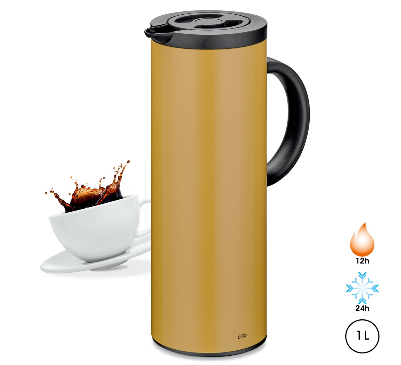 Goldene Isolierkanne mit schwarzem Griff und Deckel, seitliche Perspektive, neben einer Tasse mit spritzendem Kaffee, hält Getränke 12 Stunden heiß und 24 Stunden kalt, Fassungsvermögen 1 Liter.