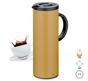 Goldene Isolierkanne mit schwarzem Griff und Deckel, seitliche Perspektive, neben einer Tasse mit spritzendem Kaffee, hält Getränke 12 Stunden heiß und 24 Stunden kalt, Fassungsvermögen 1 Liter.