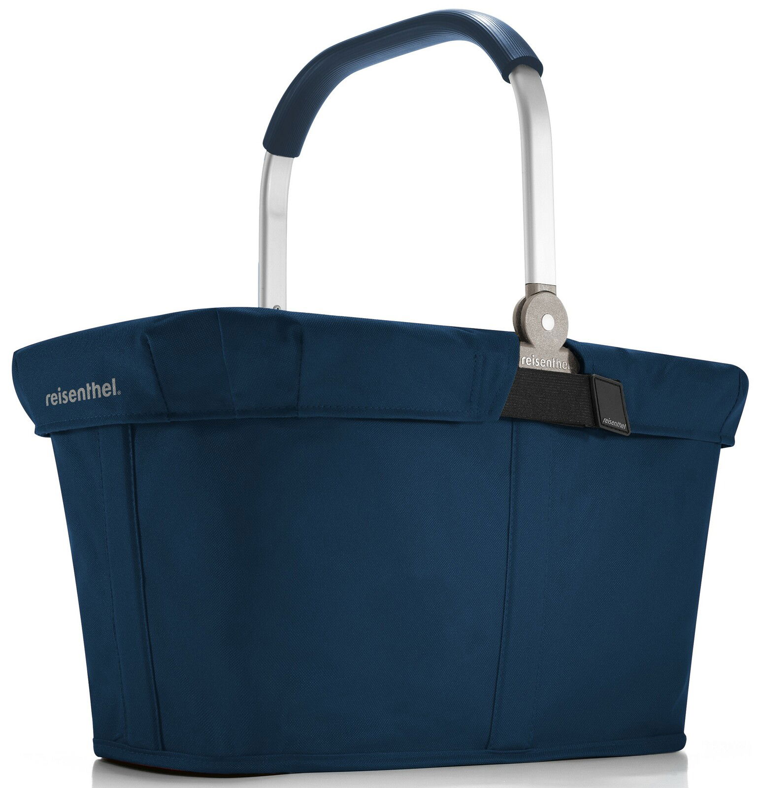 Dunkelblauer Tragekorb mit silbernem Griff, seitliche Perspektive