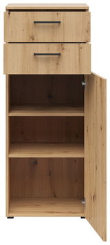 Kommode aus Holz mit zwei Schubladen und einer offenen Tür, die den Innenraum mit zwei Regalböden zeigt. Frontalansicht.