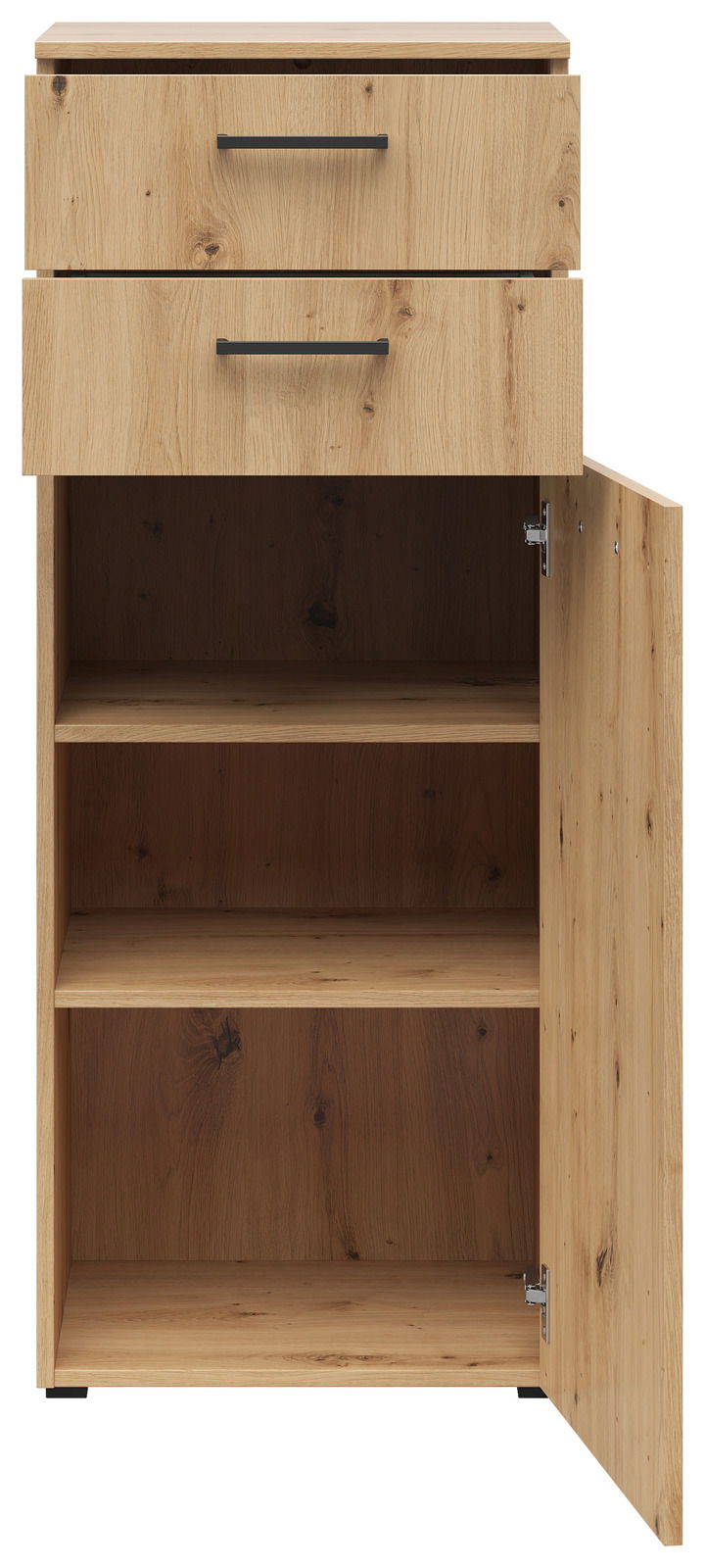 Kommode aus Holz mit zwei Schubladen und einer offenen Tür, die den Innenraum mit zwei Regalböden zeigt. Frontalansicht.