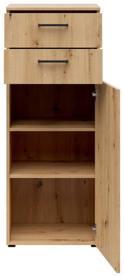 Kommode aus Holz mit zwei Schubladen und einer offenen Tür, die den Innenraum mit zwei Regalböden zeigt. Frontalansicht.