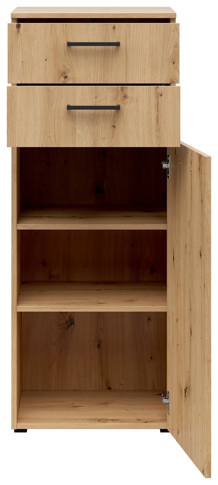 Kommode aus Holz mit zwei Schubladen und einer offenen Tür, die den Innenraum mit zwei Regalböden zeigt. Frontalansicht.