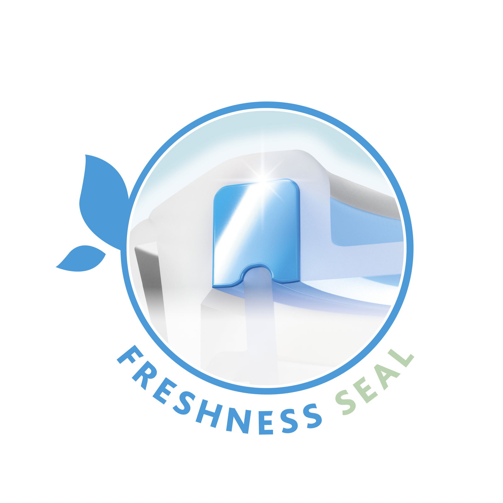 Nahaufnahme eines blauen Frischhaltedeckels mit Frische-Siegel, seitliche Perspektive