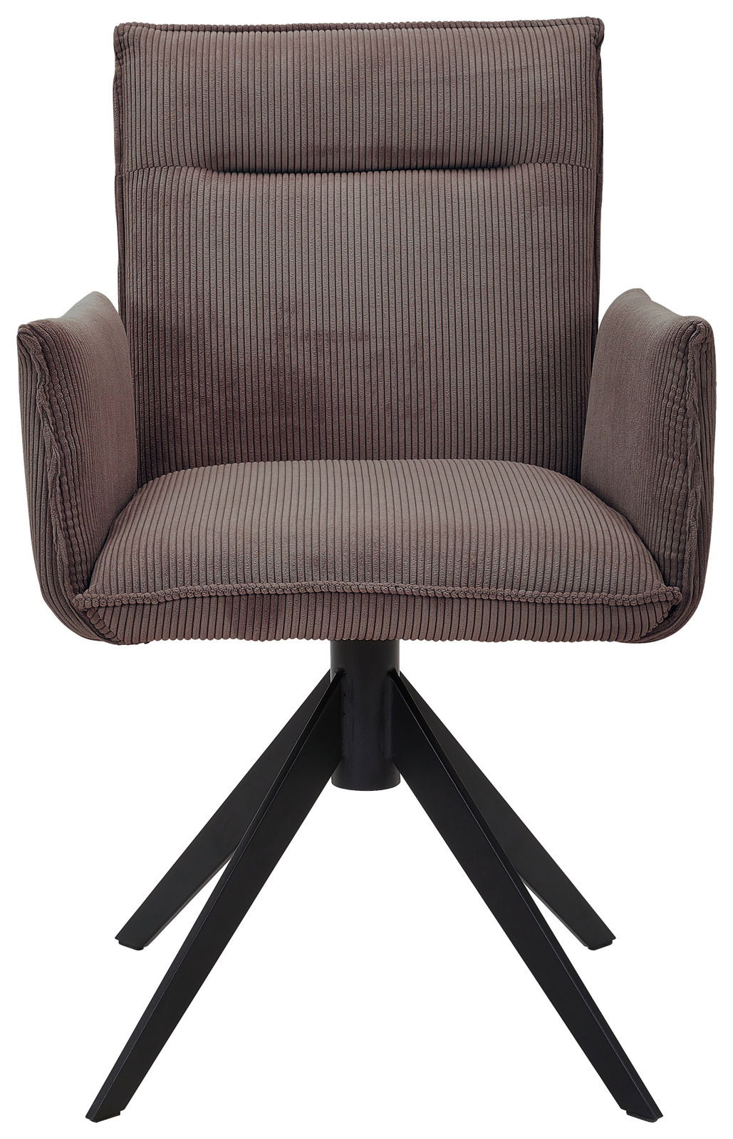 Brauner Armlehnstuhl mit geripptem Stoffbezug und schwarzem Metallgestell, Frontalansicht