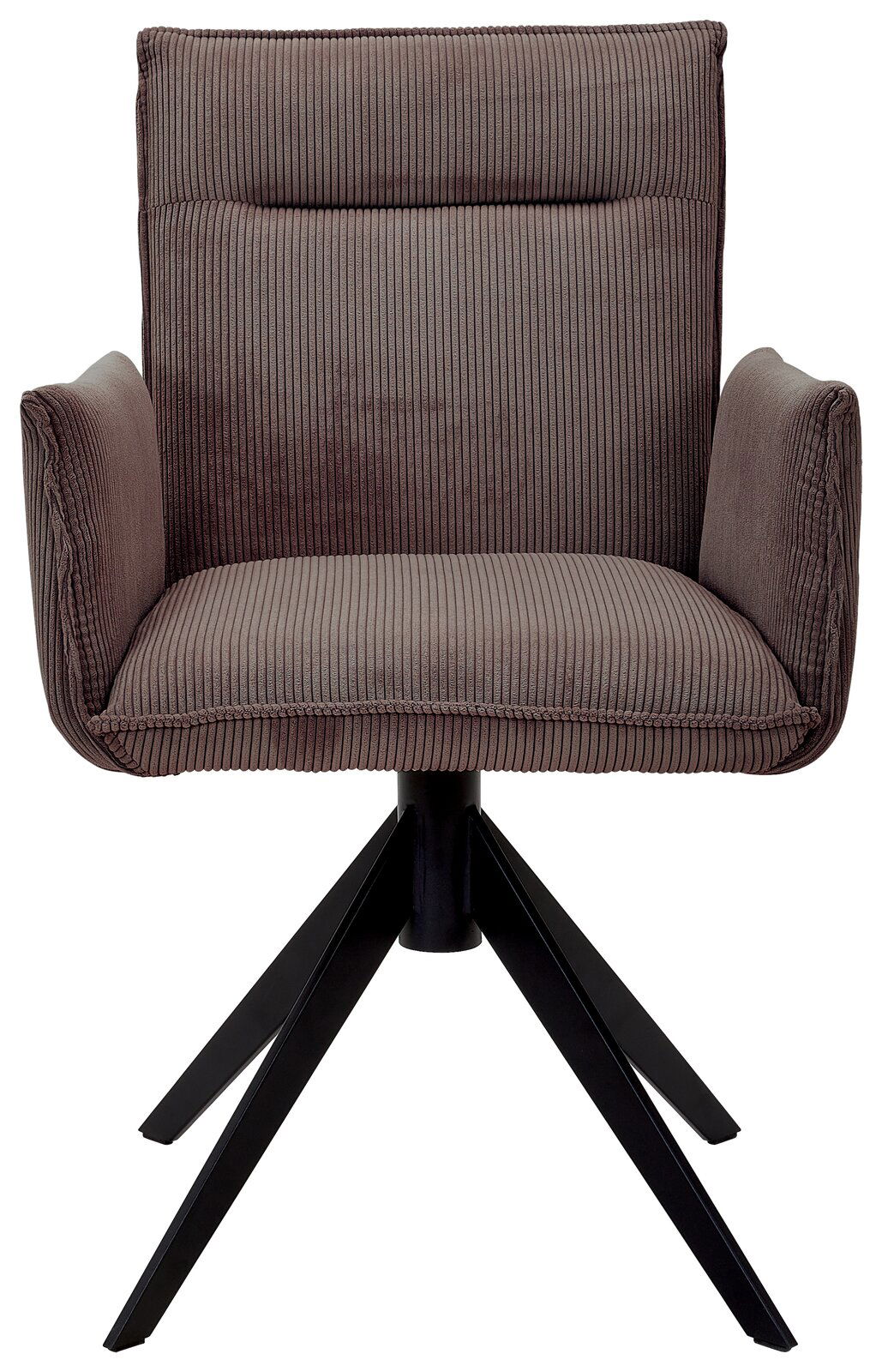 Brauner Armlehnstuhl mit geripptem Stoffbezug und schwarzem Metallgestell, Frontalansicht