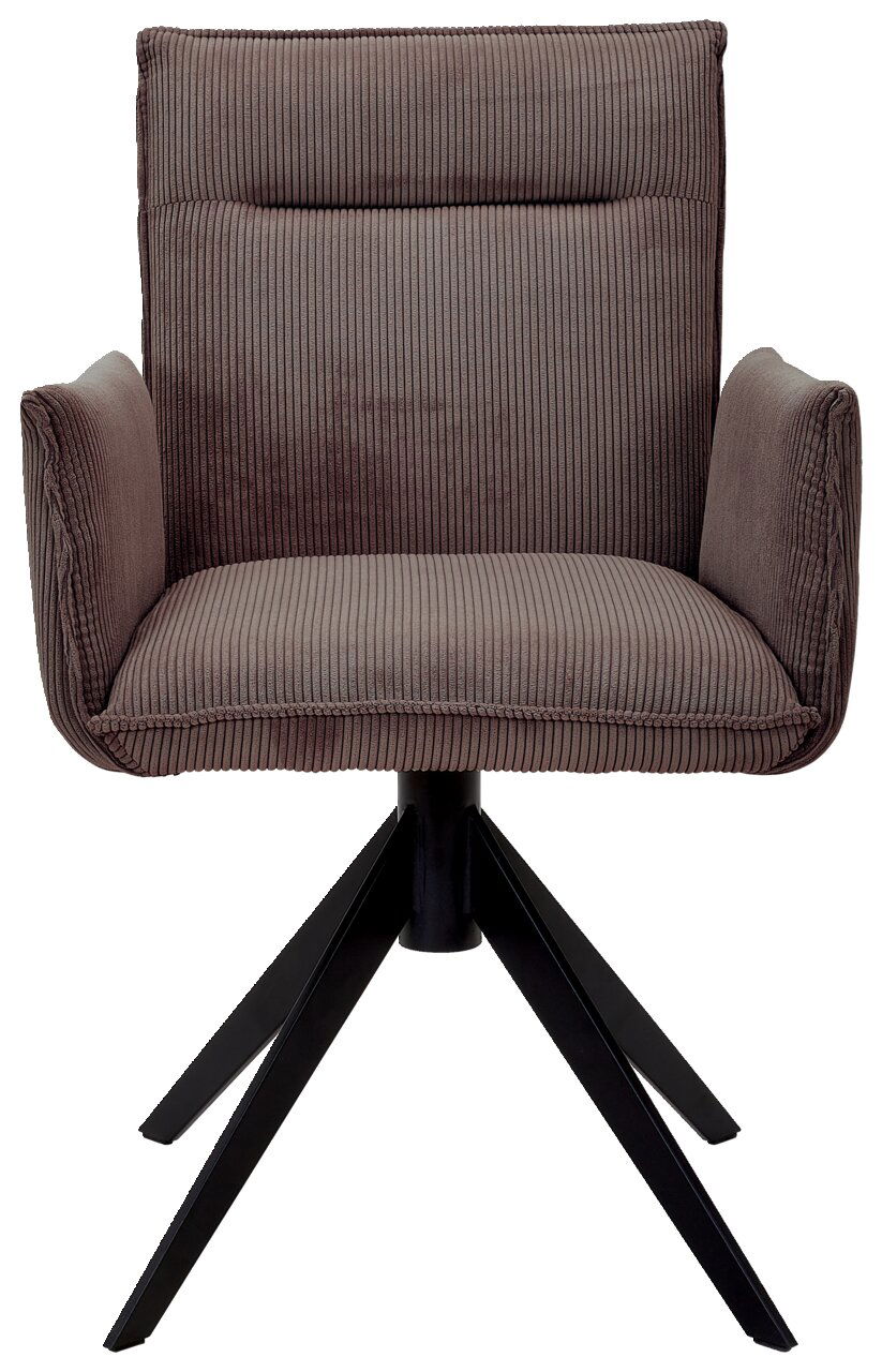 Brauner Armlehnstuhl mit geripptem Stoffbezug und schwarzem Metallgestell, Frontalansicht