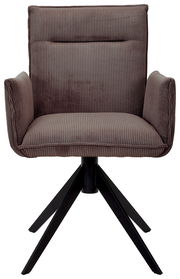 Brauner Armlehnstuhl mit geripptem Stoffbezug und schwarzem Metallgestell, Frontalansicht