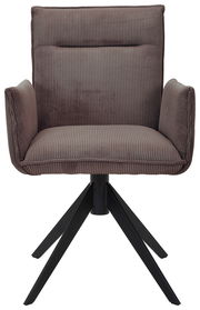 Brauner Armlehnstuhl mit geripptem Stoffbezug und schwarzem Metallgestell, Frontalansicht