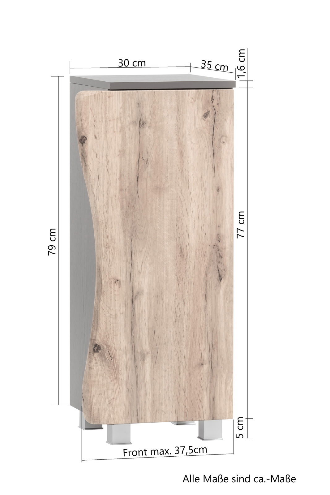Unterschrank mit Holzoptik, Maße: 79 cm hoch, 37,5 cm breit, 35 cm tief, Frontansicht