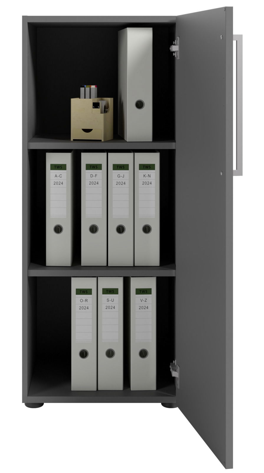 Aktenschrank mit geöffneter Tür, gefüllt mit Ordnern und Bürobedarf, Perspektive von vorne rechts