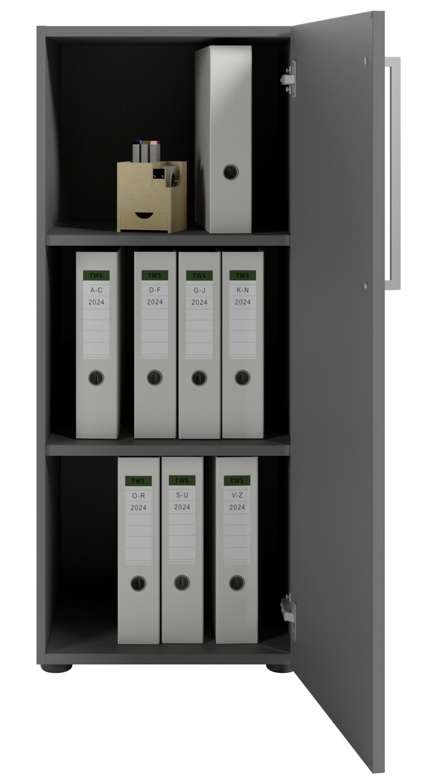 Aktenschrank mit geöffneter Tür, gefüllt mit Ordnern und Bürobedarf, Perspektive von vorne rechts