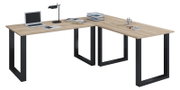 Großer L-förmiger Eckschreibtisch mit heller Holzoptik und schwarzem Metallgestell, dekoriert als moderner Arbeitsplatz, aus schräger Vorderansicht von oben