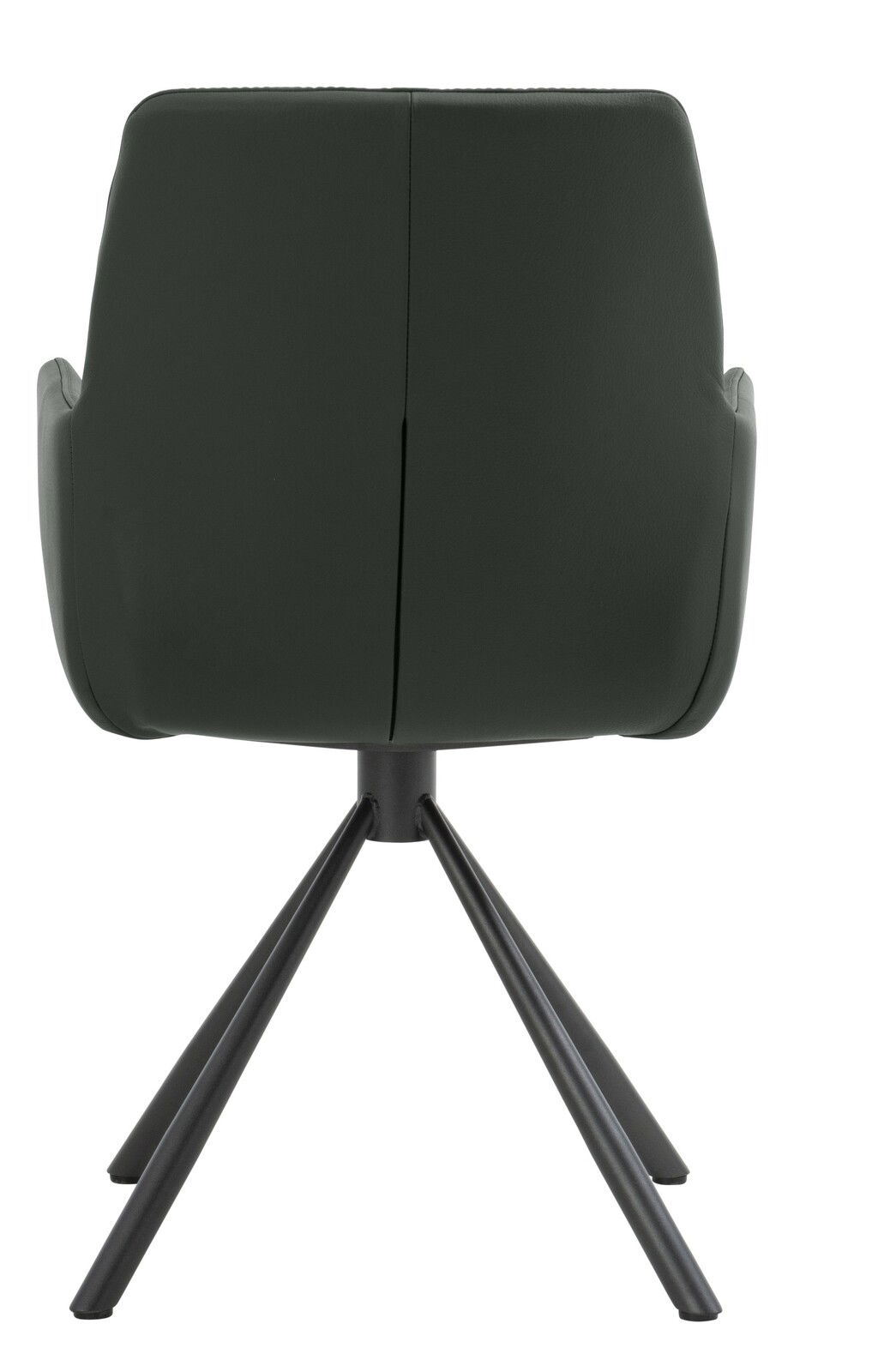 Rückansicht eines Armlehnstuhls mit schwarzem Bezug und Metallbeinen.