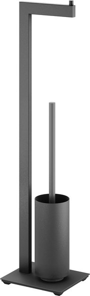 Minimalistischer Toilettenpapierhalter mit integrierter WC-Bürste in mattem Dunkelgrau auf quadratischer Bodenplatte, freistehend, Frontansicht leicht seitlich