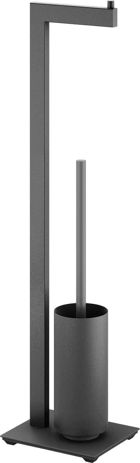 Minimalistischer Toilettenpapierhalter mit integrierter WC-Bürste in mattem Dunkelgrau auf quadratischer Bodenplatte, freistehend, Frontansicht leicht seitlich