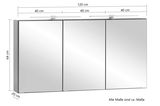 Spiegelschrank mit drei Türen, Gesamtbreite 120 cm, Höhe 64 cm, Tiefe 20 cm, Frontansicht