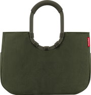 Olivgrüne gerippte Handtasche/Shopper mit ovalen Kunststoffgriffen und rotem reisenthel-Label, Frontansicht vor weißem Hintergrund