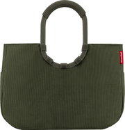 Olijfgroene geribbelde handtas/shopper met ovale kunststof handvatten en een rood reisenthel-label, vooraanzicht tegen een witte achtergrond