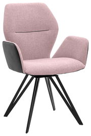 Moderner Armlehnenstuhl mit rosa Polsterung und schwarzen Metallbeinen, seitliche Perspektive