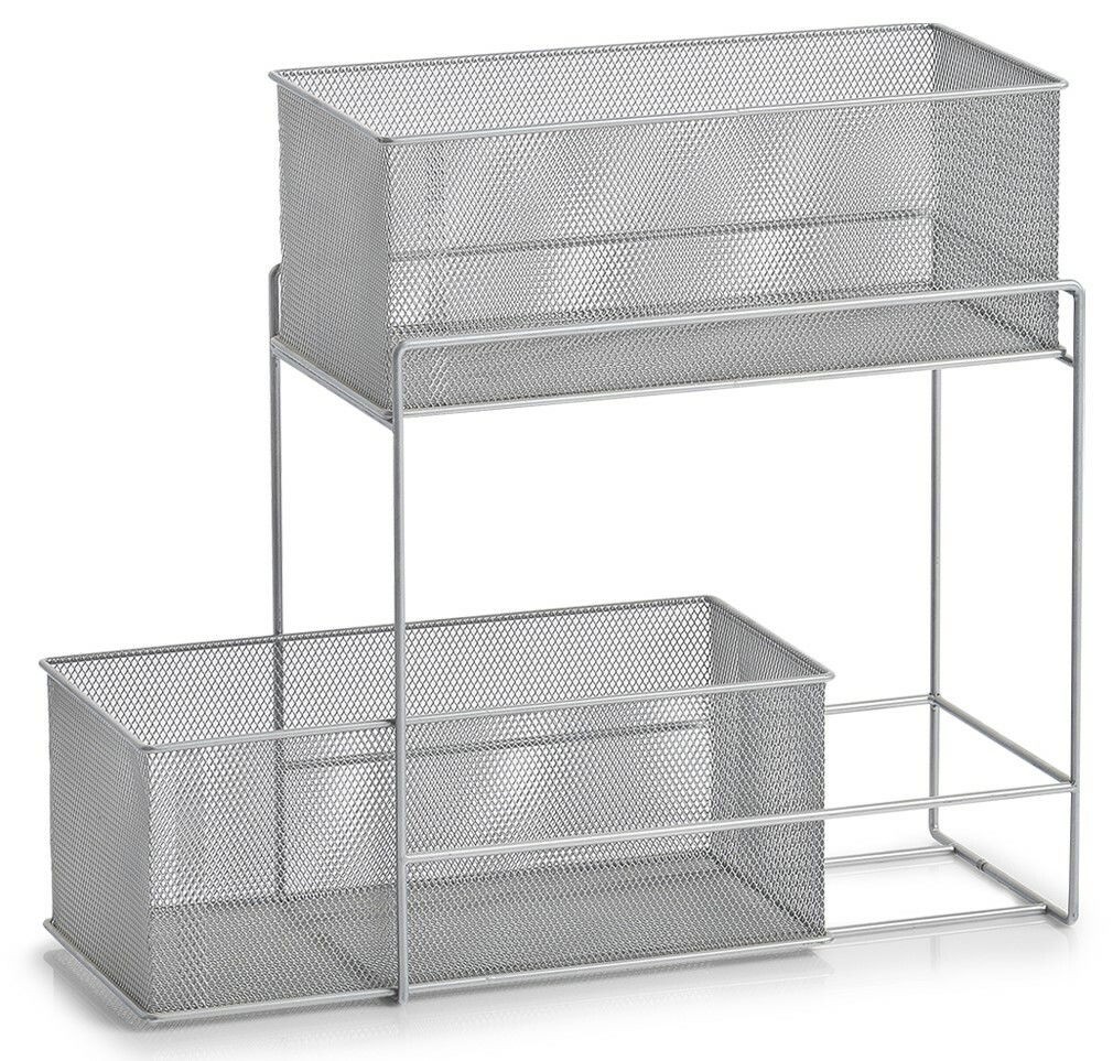 Metall-Etagenregal mit zwei Körben, seitliche Perspektive