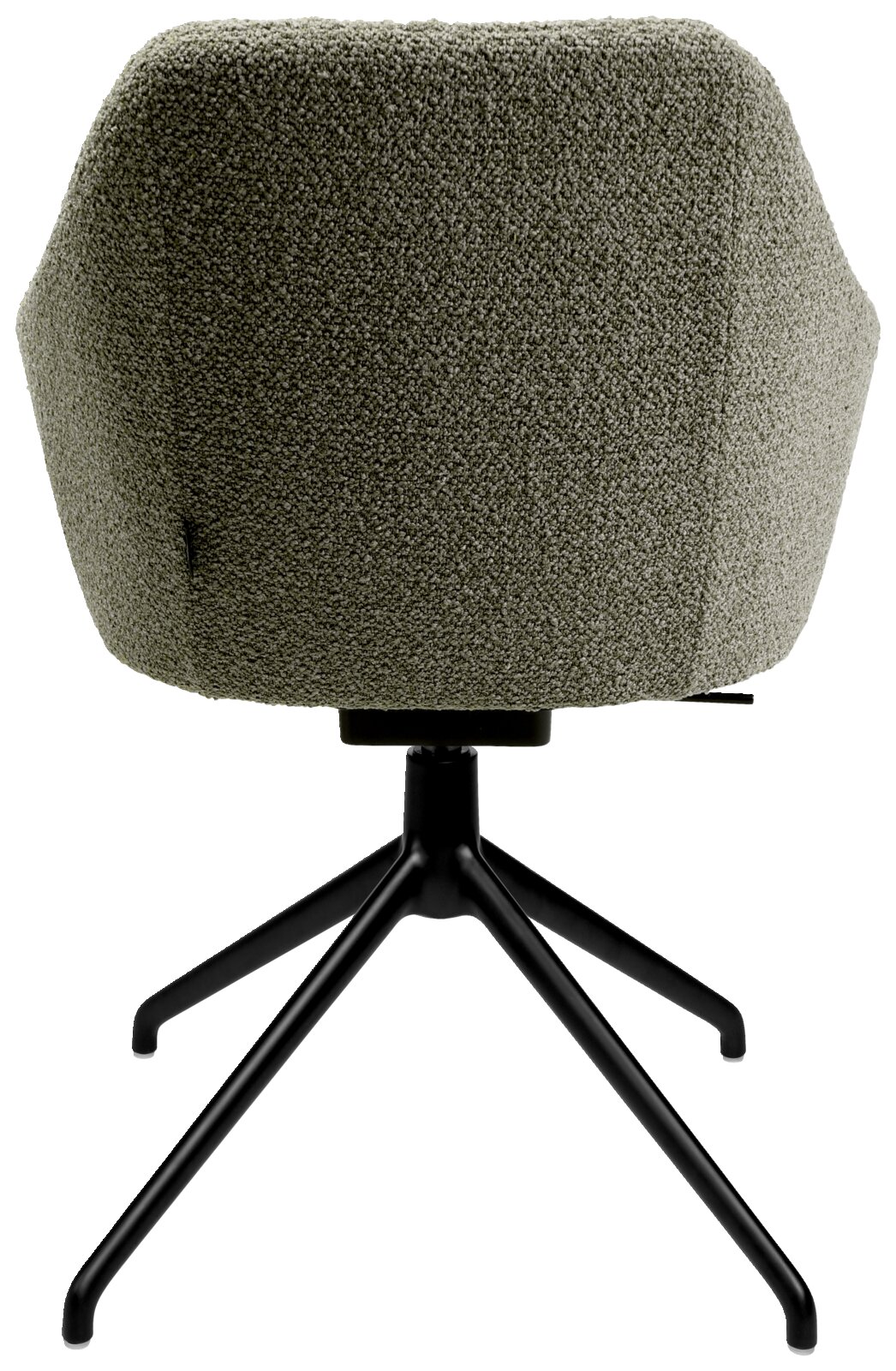 Achterkant van een fauteuil met groene stoffen bekleding en een zwart metalen frame.