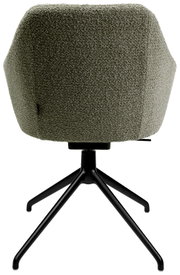 Achterkant van een fauteuil met groene stoffen bekleding en een zwart metalen frame.