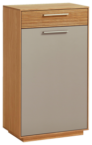 Schuhkommode aus der Serie LOVENO von VOSS in Holzoptik mit grauer Front, seitliche Perspektive