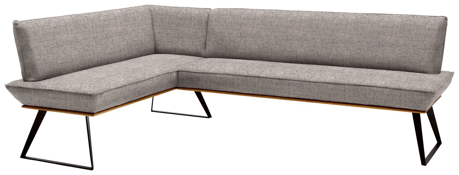 Graue Eckbank mit modernem Design, Metallbeinen und Stoffbezug, Perspektive von vorne links