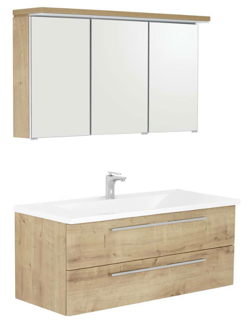 Dieter Knoll Badkombination AVIANO Badkombination mit Holzoptik, bestehend aus einem Waschtisch mit zwei Schubladen und einem dreitürigen Spiegelschrank, seitliche Perspektive