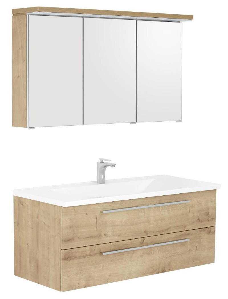 Badkombination mit Holzoptik, bestehend aus einem Waschtisch mit zwei Schubladen und einem dreitürigen Spiegelschrank, seitliche Perspektive